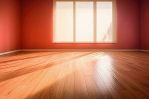 vivente camera con luce del sole brillare attraverso un' scorrevole porta, di legno pavimento, rosso parete. generativo ai foto