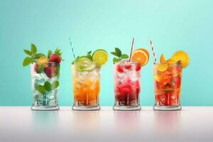 colorato estate cocktail nel bicchieri con pezzi di frutta. generativo ai foto