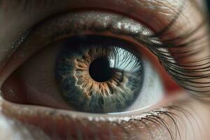 vicino su grigio di un' umano occhio. un' macro di un' Multi colorato occhio. generativo ai foto
