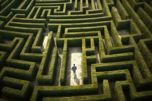 uomo a piedi nel un' complesso labirinto. surreale concetto. generativo ai foto