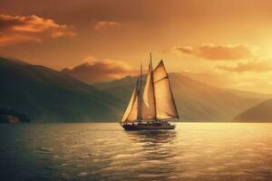 barca a vela nel il mare nel il sera luce del sole al di sopra di bellissimo grande montagne sfondo. generativo ai foto