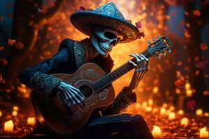 un' scheletro mariachi giocando il chitarra. il giorno di il morto stile. generativo ai foto