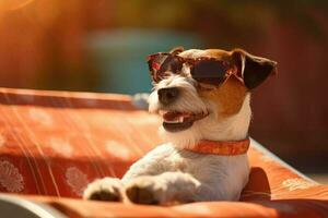 Jack russell terrier cane con occhiali da sole prendere il sole su sole lettino. generativo ai foto