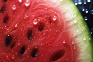 vicino su di fresco fetta rosso anguria. cibo sfondo. rosso superficie con nero semi. generativo ai foto