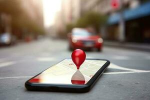 punto su smartphone con GPS navigatore icona e carta geografica su blured sfondo. generativo ai foto