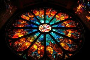 colorato macchiato bicchiere finestra di un' Chiesa con raggi emanando a partire dal esso. generativo ai foto