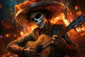 un' scheletro mariachi giocando il chitarra. il giorno di il morto stile. generativo ai foto