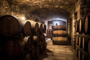 Conservazione cantina con botti fabbricazione vino o Whisky bottiglie. generativo ai foto