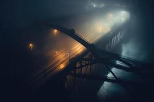 il nebbioso ponte con un' strada leggero su il lato. il notte ponte coperto nel il nebbia. generativo ai foto