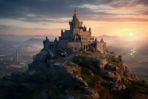 misterioso castello. un imponente medievale castello impostato nel fantasia paesaggi su un' montagna superiore. generativo ai foto