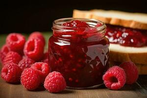 vaso di lampone marmellata e fresco frutti di bosco. generativo ai foto