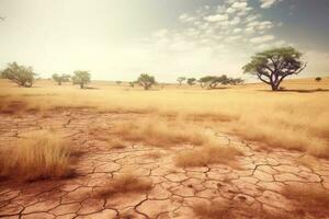 asciutto erboso prato con lussureggiante alberi e crepe su terra che rappresentano concetto di siccità nel deserto. generativo ai foto