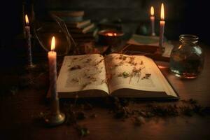 vecchio Magia libro nel antico camera. fantasia, natura o apprendimento concetto. generativo ai foto
