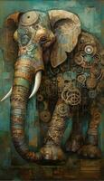 steampunk elefante con cubista olio pittura stile e meccanico complicazione nel ricco marroni e verderame. Perfetto per manifesti e sfondi. generativo ai foto