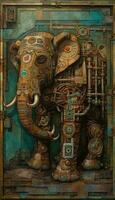 intricato steampunk elefante nel cubista olio pittura stile con anziano patina. Perfetto per manifesti e ragnatela. generativo ai foto