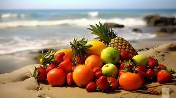 fresco frutta su spiaggia. ai generato foto