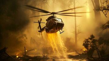 fuoco combattente elicottero trasportare acqua secchio per spegnere il foresta fuoco foto