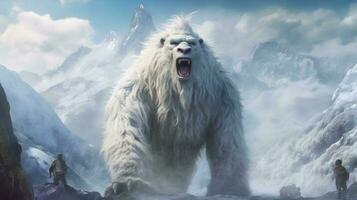 yeti o abominevole pupazzo di neve - bianca pelliccia fratello per bigfoot mostro nel un' bufera di neve foto