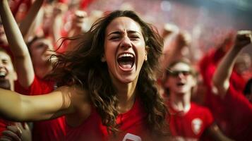 femmina calcio fan festeggiare il vittoria di sua squadra. calcio donna. foto