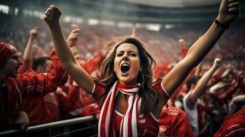femmina calcio fan festeggiare il vittoria di sua squadra. calcio donna. foto