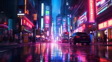 informatica punk notte città paesaggio concetto. leggero raggiante su buio scena. notte vita.oltre generazione e futuristico di fantascienza capitale città e edificio scena. ai generato foto