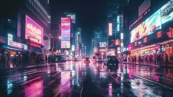 notte scena di dopo pioggia città nel cyberpunk stile, futuristico nostalgico anni 80, anni 90. neon luci vivace colori, fotorealistico orizzontale illustrazione. ai generato foto