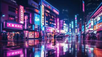 notte scena di dopo pioggia città nel cyberpunk stile, futuristico nostalgico anni 80, anni 90. neon luci vivace colori, fotorealistico orizzontale illustrazione. ai generato foto