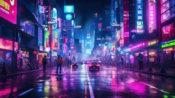 notte scena di dopo pioggia città nel cyberpunk stile, futuristico nostalgico anni 80, anni 90. neon luci vivace colori, fotorealistico orizzontale illustrazione. ai generato foto