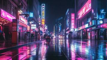 notte scena di dopo pioggia città nel cyberpunk stile, futuristico nostalgico anni 80, anni 90. neon luci vivace colori, fotorealistico orizzontale illustrazione. ai generato foto