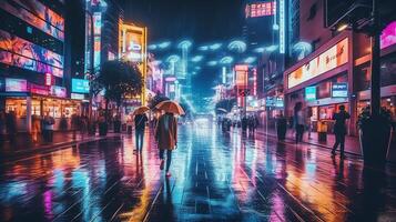 notte scena di dopo pioggia città nel cyberpunk stile, futuristico nostalgico anni 80, anni 90. neon luci vivace colori, fotorealistico orizzontale illustrazione. ai generato foto