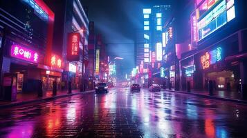 notte scena di dopo pioggia città nel cyberpunk stile, futuristico nostalgico anni 80, anni 90. neon luci vivace colori, fotorealistico orizzontale illustrazione. ai generato foto