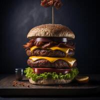 un' acquolina in bocca buongustaio hamburger con tutti il fissaggi ai generato foto