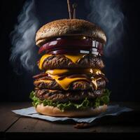 un' acquolina in bocca buongustaio hamburger con tutti il fissaggi ai generato foto
