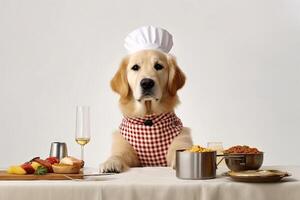 carino cane d'oro cane da riporto capocuoco con costume pronto per cucinando per cena isolato su bianca sfondo, divertente momento, animale domestico concetto, con generativo ai. foto