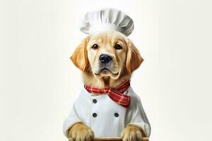 carino cane d'oro cane da riporto capocuoco con costume pronto per cucinando per cena isolato su bianca sfondo, divertente momento, animale domestico concetto, con generativo ai. foto