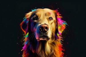 astratto di animale domestico carino cane d'oro cane da riporto ritratto con Multi colorato colorato su pelle corpo e capelli dipingere, vivace luminosa gradienti sfondo, con generativo ai. foto