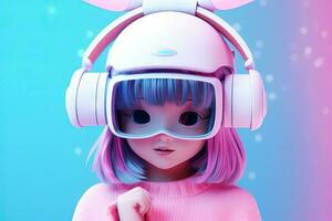 carino kawaii ritratto giovane o poco ragazza indossare virtuale la realtà bicchieri e cuffia e giocando video gioco nel il virtuale mondo, gioco concetto sfondo, con generativo ai. foto