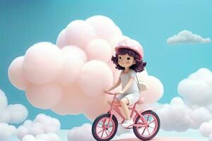 carino kawaii ritratto giovane o poco ragazza cavalcata un' bicicletta su soffice nuvole nel il cielo, Paese delle meraviglie mondo, minimo concetto, viaggio nel il sognare, sfondo, con generativo ai. foto