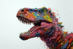astratto di tirannosauro rex o t-rex dinosauro ritratto nel cretaceo periodo con Multi colorato colorato isolato su bianca sfondo, vivace luminosa, con generativo ai. foto