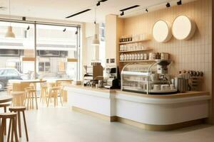 minimo interno design caffè bar bar negozio con beige accogliente tono stile e con lucido avorio bianca il giro angolo contatore, caffè macchinari, con generativo ai. foto