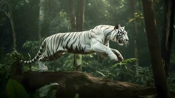 eccitato bianca tigre in esecuzione e saltare nel il giungla con verde impianti su il sfondo. generativo ai. foto