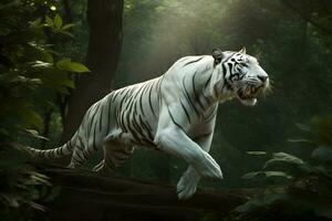 eccitato bianca tigre in esecuzione e saltare nel il giungla con verde impianti su il sfondo. generativo ai. foto