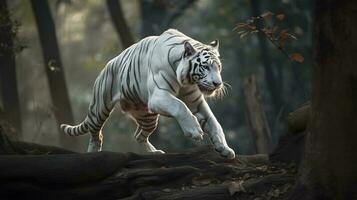grande bianca tigre in esecuzione e saltare nel il giungla con verde impianti su il sfondo. generativo ai. foto