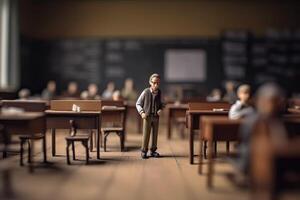 miniatura scuola insegnante. poco giocattolo uomo sta nel mezzo di aula con banchi e tavoli. concetto di formazione scolastica, formazione creato con generativo ai tecnologia foto