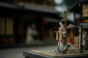 miniatura geisha nel kimono. giapponese asiatico diorama. piccolo donna nel tradizionale costume creato con generativo ai tecnologia foto