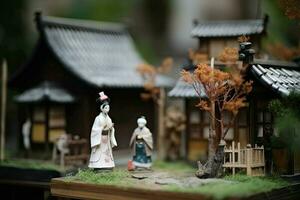 miniatura geisha nel kimono. giapponese asiatico diorama. piccolo donna nel tradizionale costume creato con generativo ai tecnologia foto