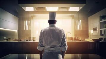 indietro Visualizza di fiducioso maschio capocuoco in piedi nel moderno cucina. generativo ai foto