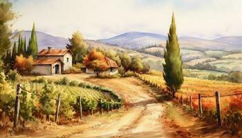 acquerello paesaggio con un' vigneto e un' Casa foto