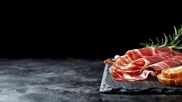 spagnolo jamon prosciutto, prosciutto avvicinamento isolato su nero sfondo copia spazio, generativo ai foto