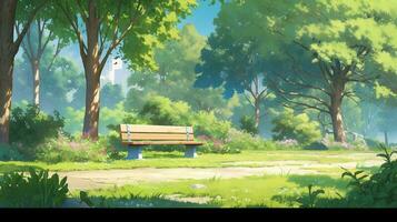 tema parco cartone animato scena sfondo. di legno panchina con verde albero su soleggiato giorno. generativo ai foto